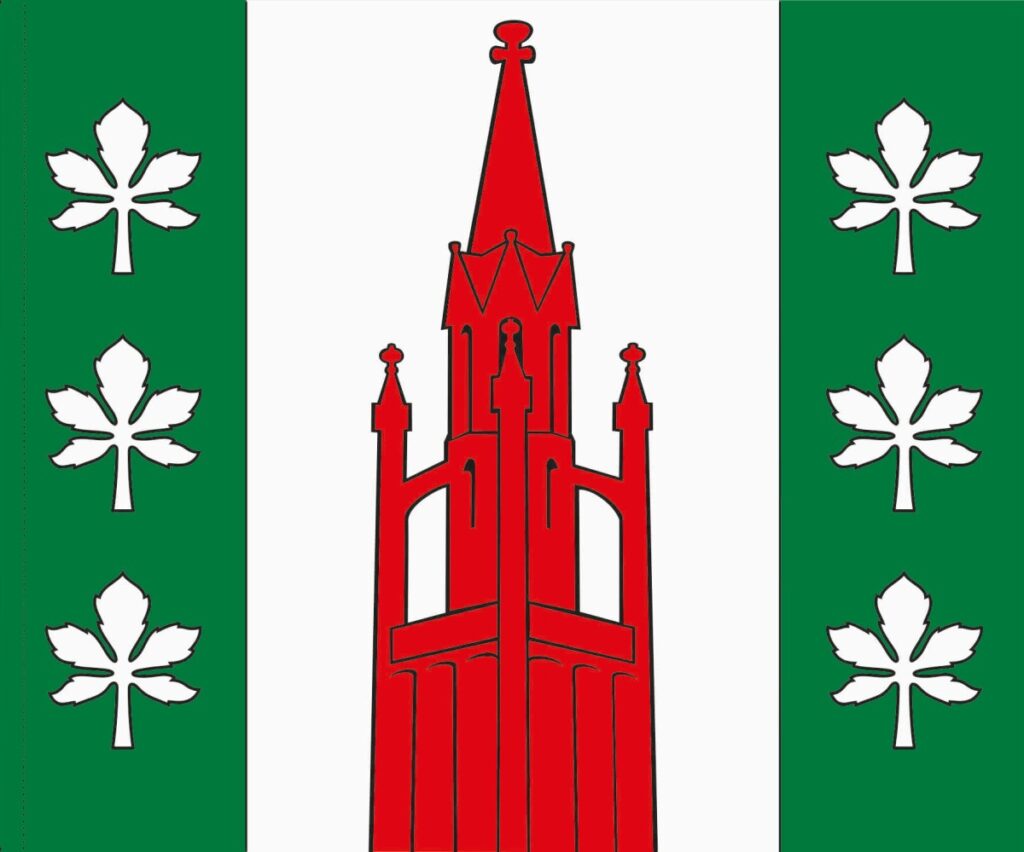 Š ateikių herbe – raudonas bažnyčios bokštas ir sidabriniai kaštono lapai