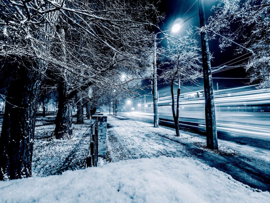Naktį sniegu padengtas kelias tarp plikų medžių