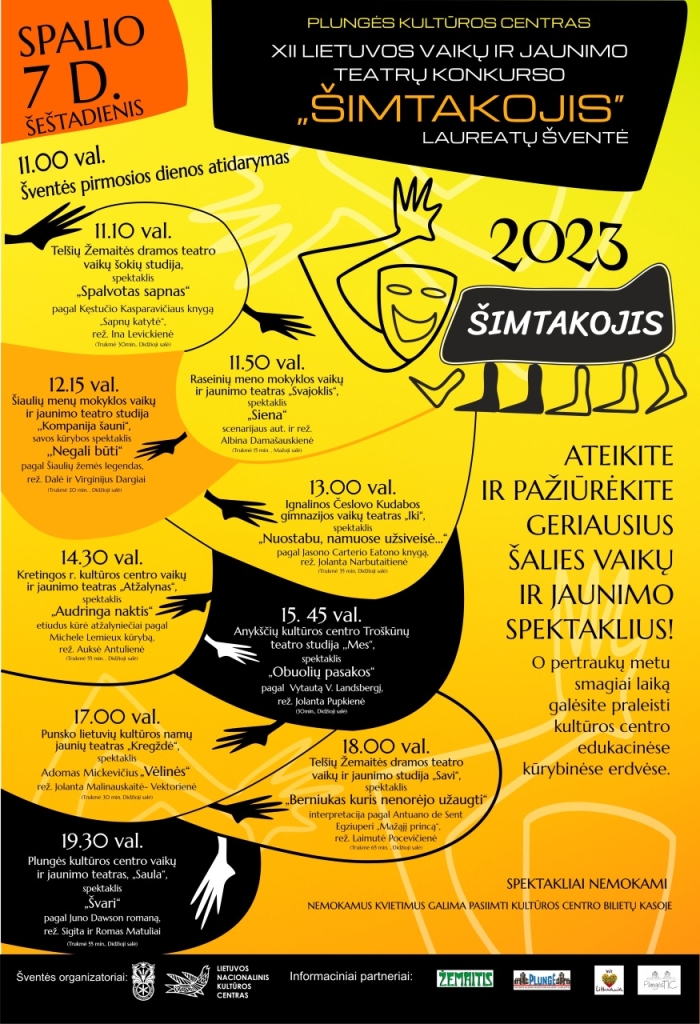 XII Lietuvos vaikų ir jaunimo teatrų konkurso „Šimtakojis“ laureatų šventė Plungės kultūros centre, programa