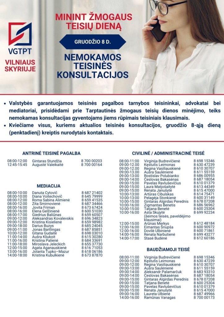 Tarptautinė žmogaus teisių diena, teisinės konsultacijos gyventojams Vilniuje