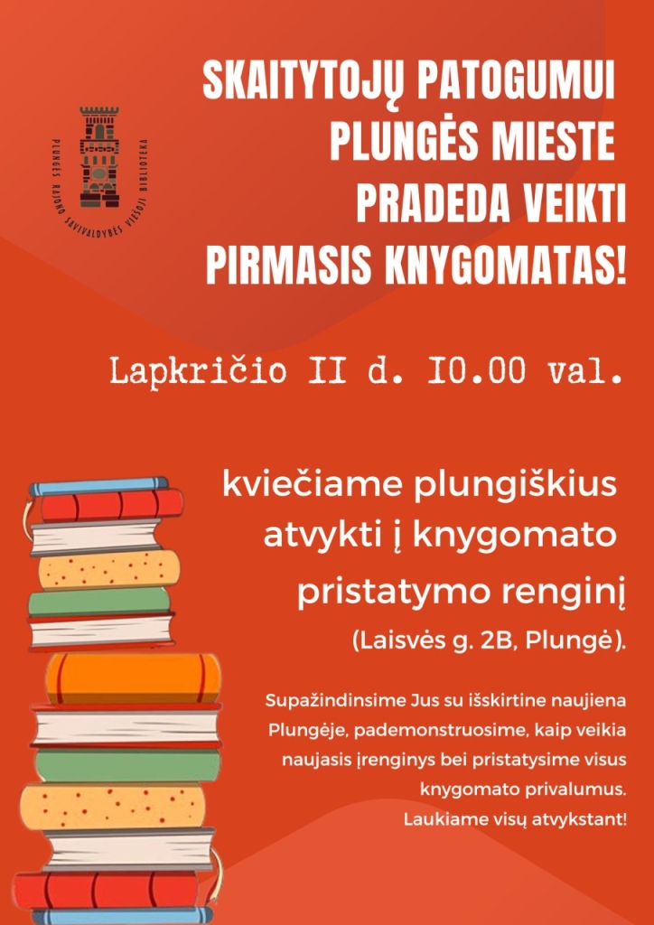 Plungės mieste pradeda veikti pirmasis knygomatas. Pristatymas 2023-11-11
