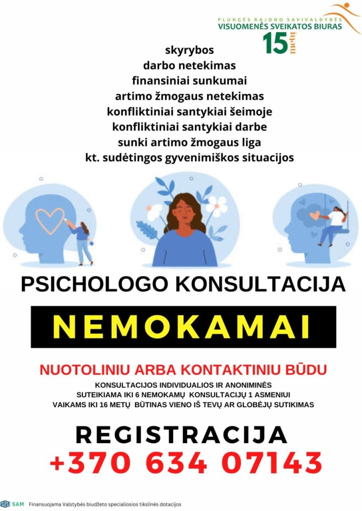 Nemokamos psichologo konsultacijos. Registracija +370 634 07143