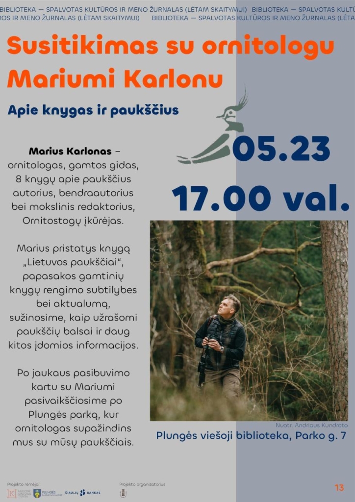 2024-05-23 17.00 val. Paukščių stebėjimas Plungės parke – ornitologas Marius Karlonas