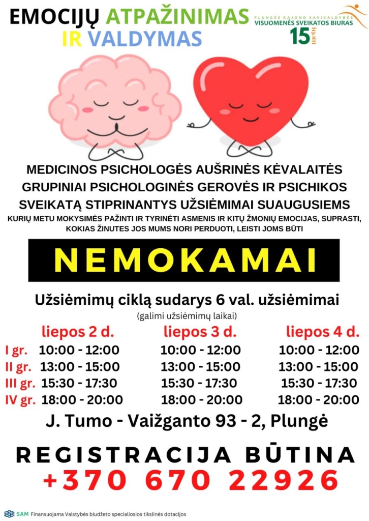 Psichologinės gerovės ir psichikos sveikatos stiprinimo užsiėmimų grafikas