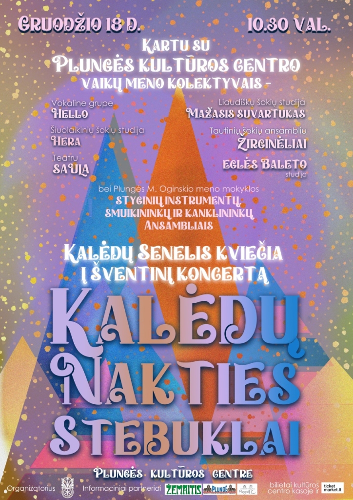 Kalėdinę pasaką seks Plungės kultūros centro meno kolektyvai: vaikų ir jaunimo teatras ,,Saula“, Šiuolaikinių šokių studija ,,Hera“, ,,Eglės baleto studija“, vaikų ir jaunimo liaudiškų šokių studija ,,Mažasis Suvartukas“, vokalinė grupė ,,Hello“, vaikų ir jaunimo tautinių šokių ansamblis ,,Žirginėliai“ ir Plungės Mykolo Oginskio meno mokyklos Styginių instrumentų, smuikininkų ir kanklininkų ansambliai