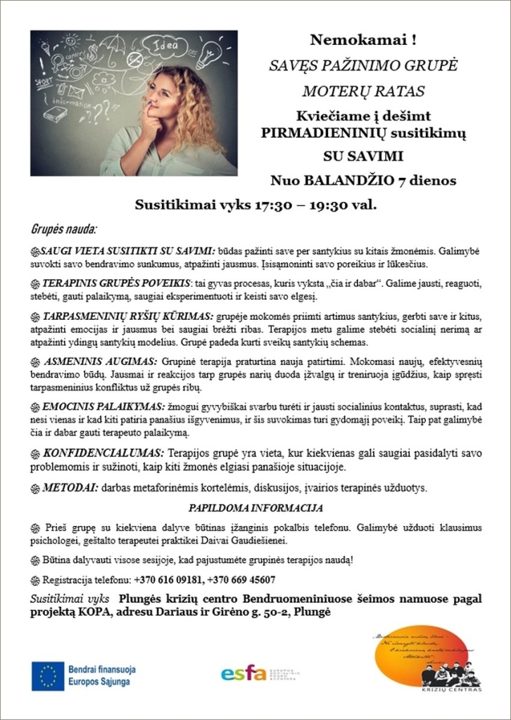 Savęs pažinimo grupė „MOTERŲ RATAS“ Nuo BALANDŽIO 7 dienos. Užsiėmimai nemokami. Išankstinė registracija: +370 616 09181; +370 669 45607