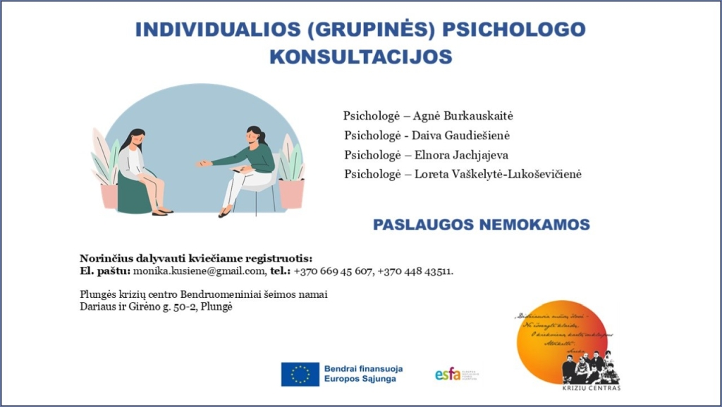 Individualios ir (ar) grupinės psichologo konsultacijos. Nemokamos.