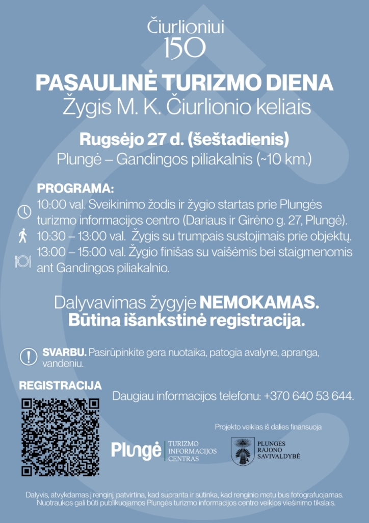 Minint Pasaulinę turizmo dieną bei M. K. Čiurlionio 150-ąsias gimimo metines, Plungės turizmo informacijos centras kviečia į žygį šios iškilios asmenybės keliais ir takeliais.