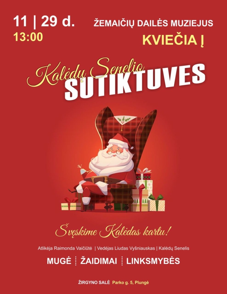 Kalėdų senelis sėdi ant dovanų kalno