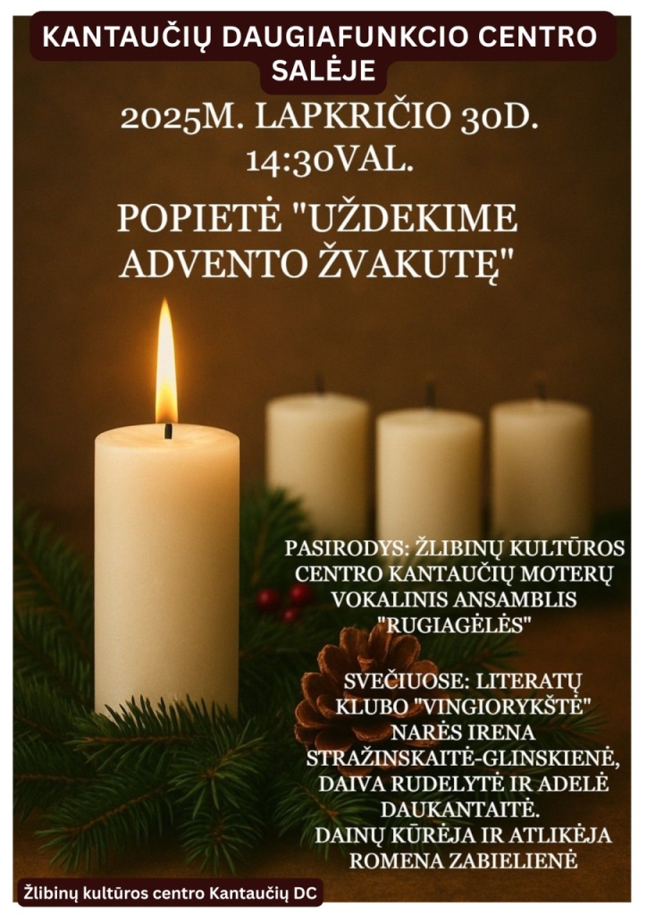 Uždegta pirma Advento vainiko žvakutė