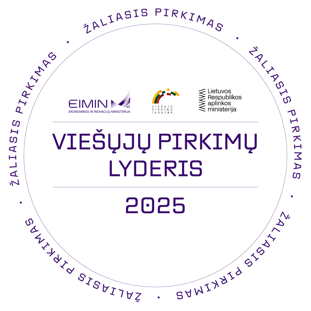 „Viešųjų pirkimų apdovanojimai 2025“ Žaliųjų pirkimų kategorijos laimėtojo ženklas.
