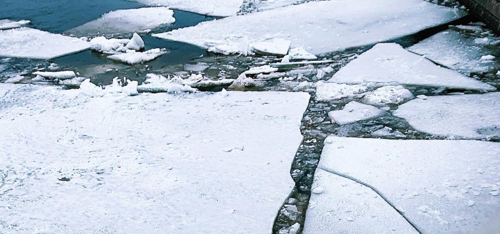 Suskeldėjęs ledas ant vandens telkinio