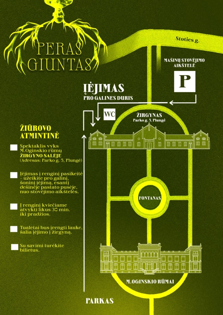 Spektaklis "Peras Giuntas" žirgyne. Atvykimo schema