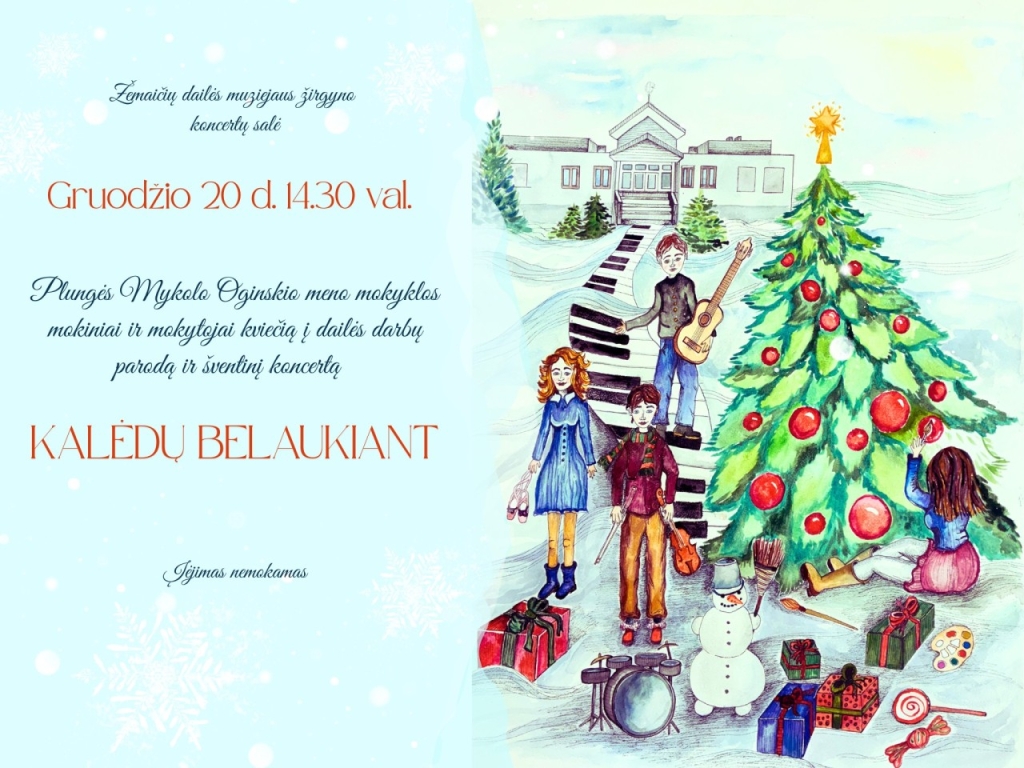 Piešinys su meno mokyklos pastatu, Kalėdų eglute ir vaikais su muzikos instrumentais