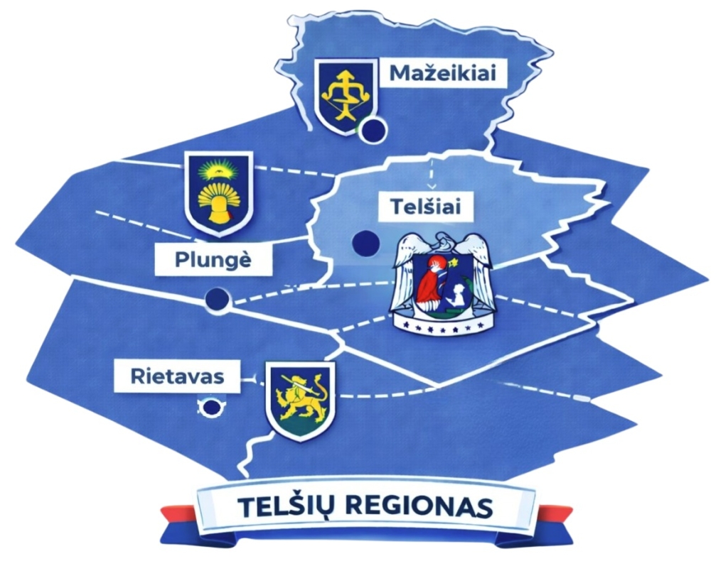 Teritorijos, kurioje įgyvendinama Telšių regiono funkcinės zonos strategija, struktūruotas žemėlapis su savivaldybių herbais