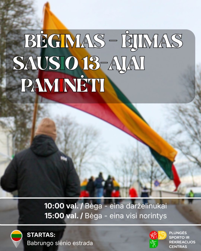 Vyras, atsukęs nugarą, neša vėliavą. Tolumoje matosi kelių žmonių būrelis.