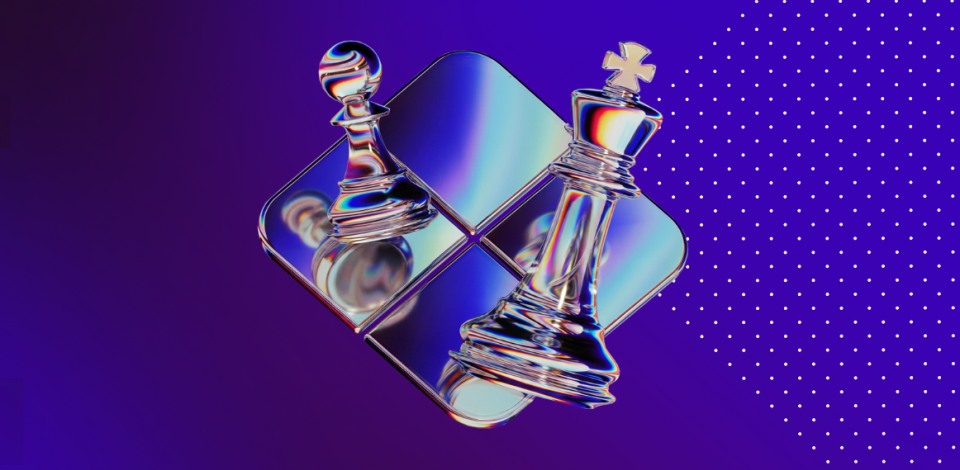 Verslo genas 2026, logotipas su šachmatų figūromis ryškiai mėlyname fone