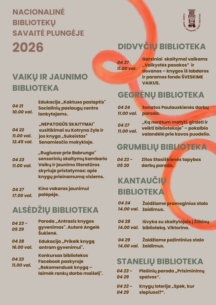Nacionalinės Lietuvos bibliotekų savaitės renginiai, 2026 m. balandžio 23–29 dienomis. Renginiai Plungėje