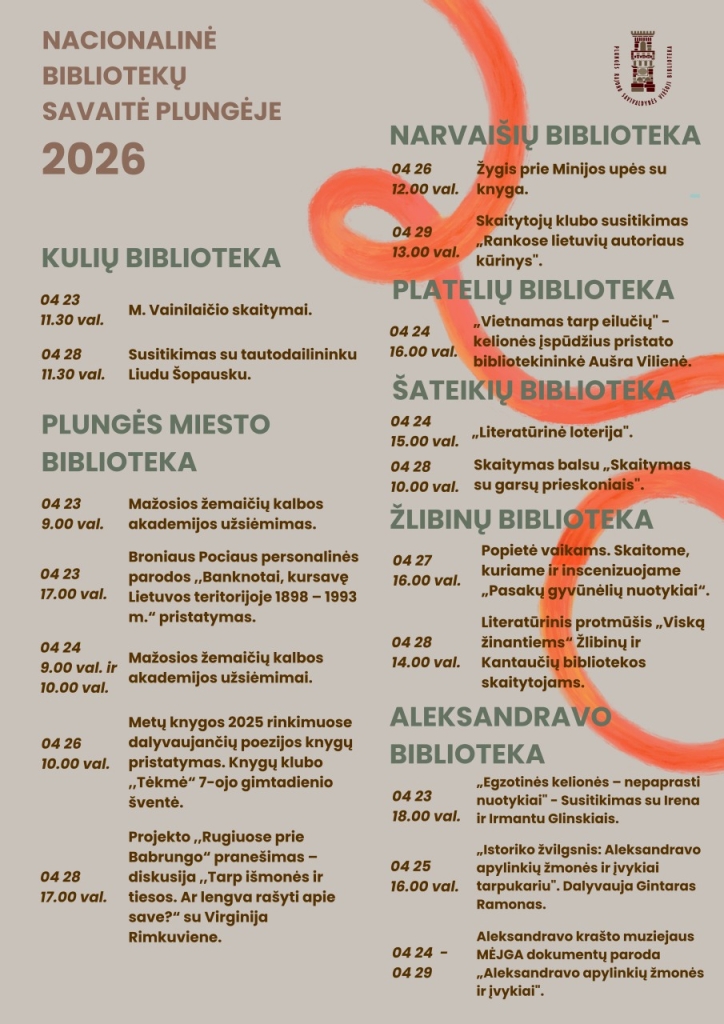 Nacionalinės Lietuvos bibliotekų savaitės renginiai, 2026 m. balandžio 23–29 dienomis. Renginiai Plungėje