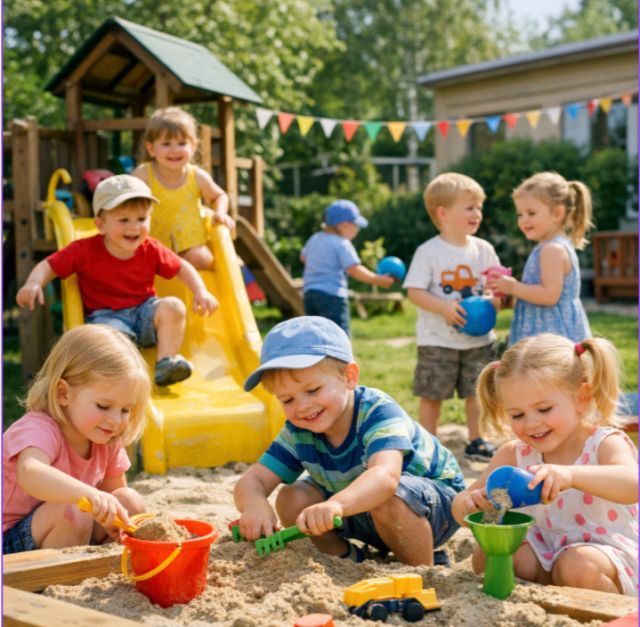 Vaikai žaidžia vaikų darželyje vasarą lauke